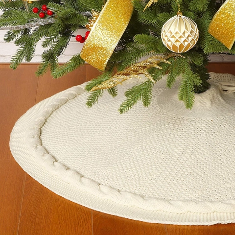 Christmas Tree Skirt Cable Knit Round Floor Mat Base Cover Decoration Festive Holiday Home Party Ornament With Ties
