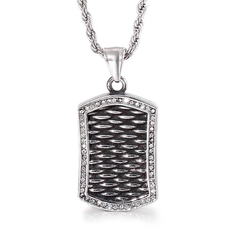 Ciondolo Piastrina Militare Rettangolare Punk Retro Acciaio Inossidabile 316L Intarsiato Strass Trama Scaglie Gioielli Hip Hop Uomo