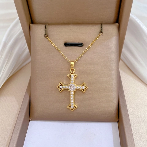 Collana Pendente Croce Acciaio Inossidabile Rame Zirconia Cubica Elegante Gioiello Regalo