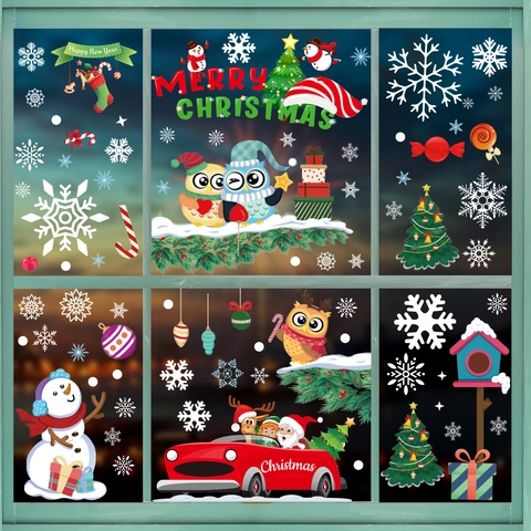 Christmas Window Stickers Static Cling PVC Double Sided Santa Claus Owl Snowflake Holiday Glass Decals Decoration