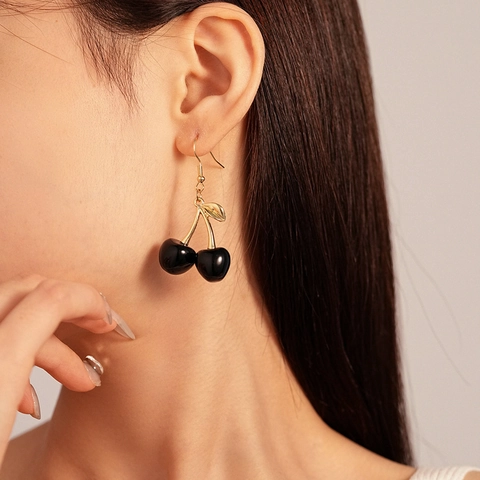 Black Cherry Drop Earrings Resin Alloy Fruit Dangle Gold Leaf With Stainless Steel Earring Hook Dark Aesthetic Women