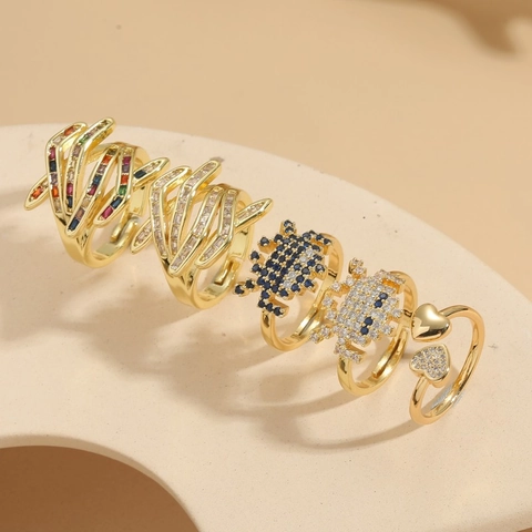 Gold Kupfer Zirkonia Geometrische Ringe Für Damen Mode Mehrlagig Offen Verstellbar Herz Roboter Design Party Schmuck Geschenk