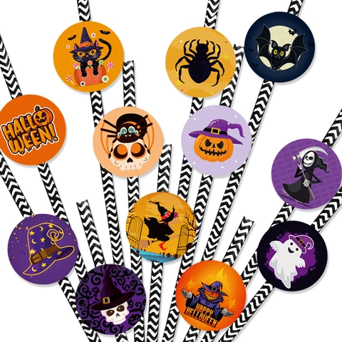 Halloween Papieren Rietjes Met Decoratieve Inlays Biologisch Afbreekbaar Pompoen Geest Vleermuis Patronen Gestreepte Rietjes
