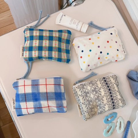 Mini Cotton Fabric Coin Purse Zipper Portable Floral Plaid Polka Dot Small Makeup Storage Bag Women