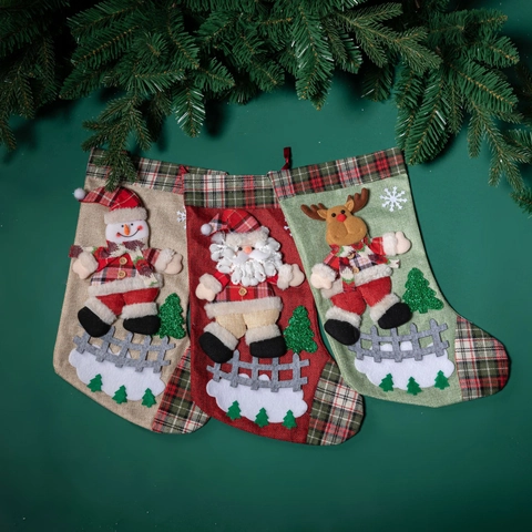 Weihnachtsstrumpf Leinen Sackleinen Großer Geschenksack Weihnachtsmann Schneemann Rentier Karo Aufhängung