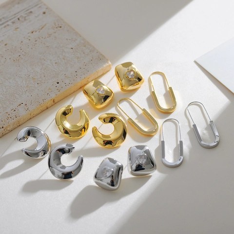 Geometrische Kupfer Lange Sicherheitsnadel Ohrringe Gold Silber Plattiert C-Förmige Herz Strass Quadratische Ohrstecker Damen