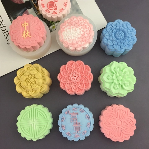 Runde Lotus Mondkuchenform Silikon Traditionelles Blumenmuster Für DIY Backen Seife Schokolade Gelee Festival Feier