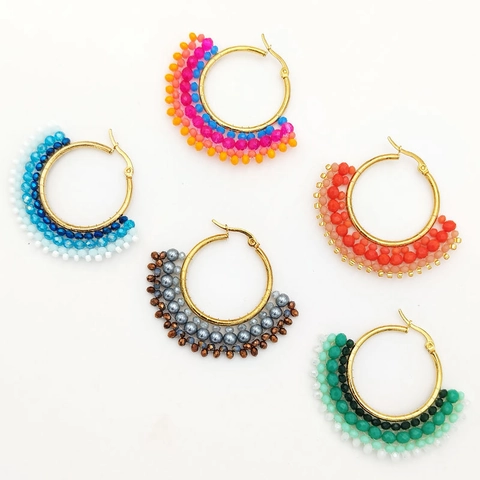Handgefertigte Gewebte Glasperlen Creolen Edelstahlstift Gold Metall Fächerförmig Bohemian Ethnischen Stil Schmuck