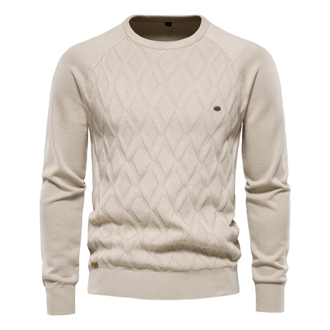 Men Sweater Knitted Pullover Round Neck Long Sleeve Argyle Diamond Pattern Solid Color Casual Autumn Winter Top Cotton
