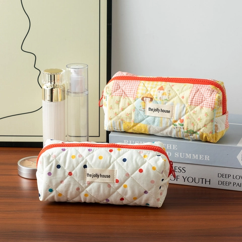 Astuccio In Tessuto Trapuntato Grande Capacità Fantasia Pois Patchwork Organizzatore Di Cancelleria Borsa Trucco Per Studenti Ragazze
