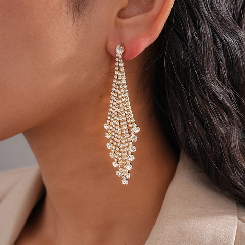 Pendientes Largos De Borla Con Cristales De Lujo Rombo Geométrico Cascada Para Mujer Con Silver Earring Post