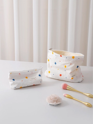 Trousse De Maquillage En Toile À Pois Pochette À Fermeture Éclair Organisateur De Voyage Pour Femmes Style Doux Blanc
