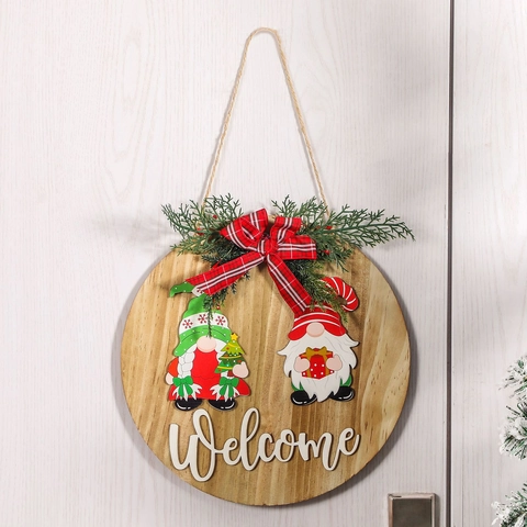 Targa Per Porta Benvenuto In Legno Di Natale Fiocco A Quadri Pino Artificiale Gnomo Ornamento Rotondo Decorazioni