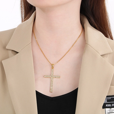 Collar Con Colgante De Cruz De Acero Inoxidable Con Diamantes De Imitación Joyería Religiosa Hip Hop Para Hombre Mujer