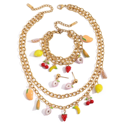 Fruit Charm Bracelet Necklace Stainless Steel 18K Gold Plated Enamel Strawberry Grape Jewelry For Women Summer Vacation