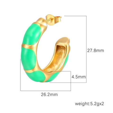 C-Shaped Hoop Earrings Stainless Steel Gold Plated Colorful Enamel Bamboo Design Minimalist INS Style For Women