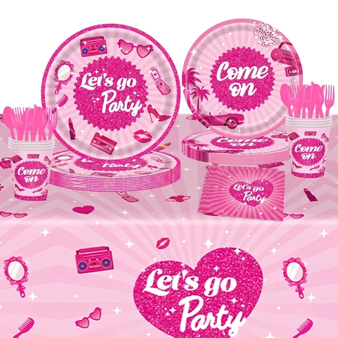 Pink Retro Party Geschirr Einweg Pappteller Becher Servietten Kunststoff Besteck Tischdecke Herz Grafik Mädchen Geburtstag