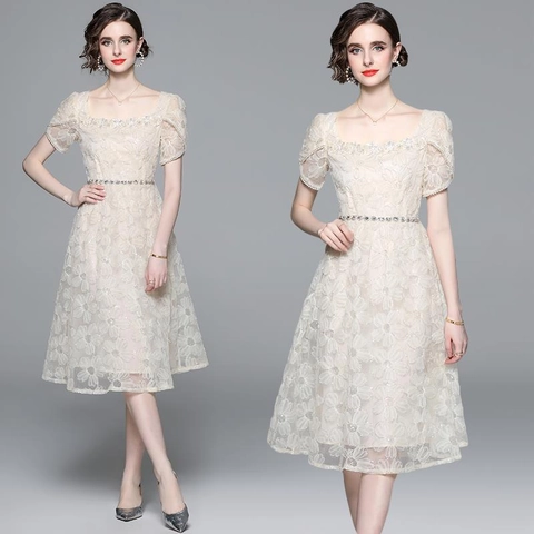 French Elegant Women Midi Dress Lace Floral Embroidery Square Neck Puff Sleeve Rhinestone Belt High Waist A-Line