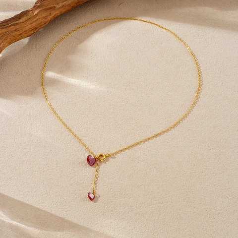 French Style Dainty Red Heart Rhinestone Pendant Necklace For Women Gold Plated Stainless Steel Thin Chain Choker Jewelry Gift