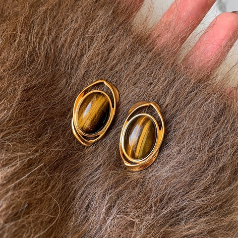 Pendientes De Botón Ovalados De Ojo De Tigre Vintage Con Poste De Plata De Ley 925 Joyas Retro Bañadas En Oro