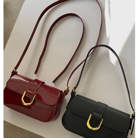 Borsa A Tracolla Retrò Da Donna In Vernice Borsa A Spalla Ascella Fibbia A Ferro Di Cavallo Dorata Stile Vintage