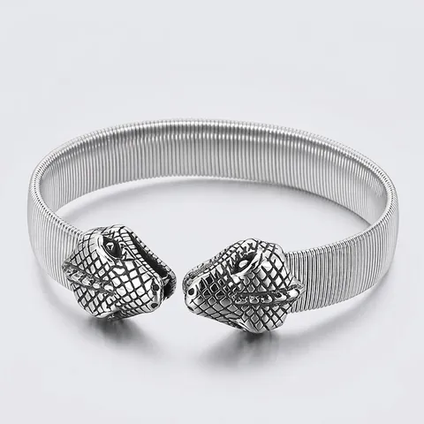 Double Snake Head Open Bangle Stainless Steel Mesh Elastic Wristband Punk Gothic Vintage Jewelry For Men