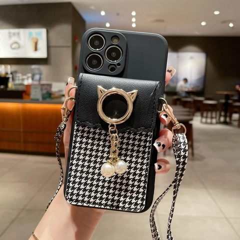 Fashion TPU PU Leather Phone Case With Houndstooth Card Bag Cat Pendant Crossbody Strap Compatible With iPhone 11 To 16 Pro Max