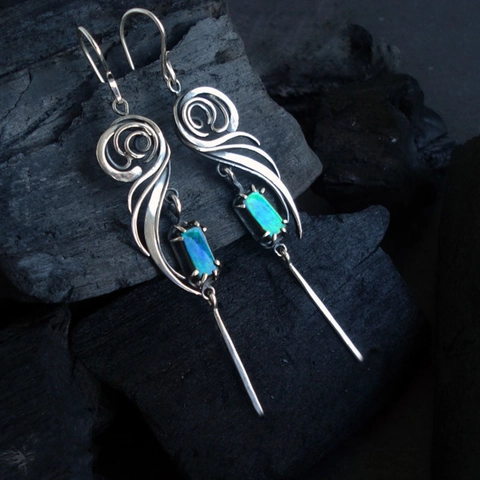 Vintage Alloy Drop Earrings With Teal Green Rectangular Zircon Hollow Geometric Scroll Pattern Dangle For Women