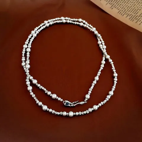 French Vintage Imitation Artificial Pearl Necklace With Crushed Silver Copper Beads Geometric Jewelry Gift For Women