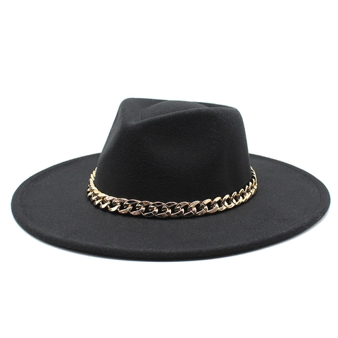 Fashion Wide Brim Wool Felt Fedora Hat With Gold Metal Chain Retro Jazz Panama Hat For Men Women