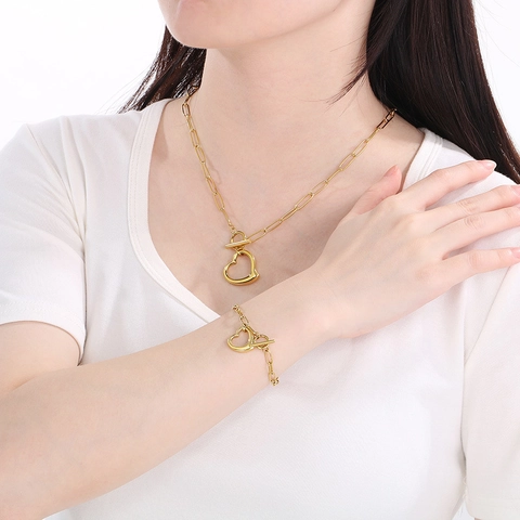 Collana Bracciale E Orecchini Cuore Cavo In Acciaio Inossidabile Con Chiusura A Barra Catena Paperclip Moda Per Donna