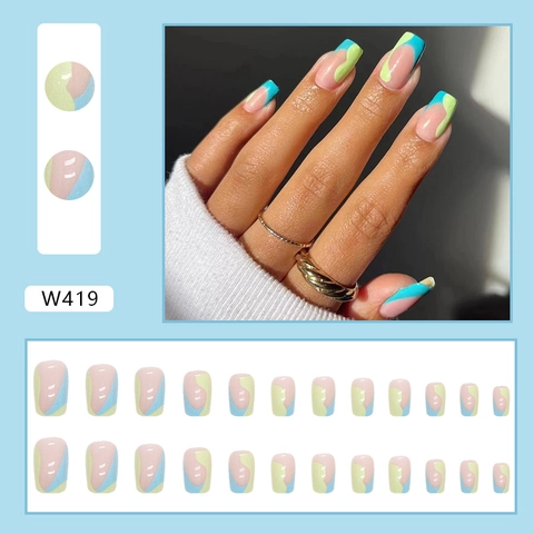 Mittellange Quadratische Kunstnägel Zum Aufdrücken Mit Französischem Wellenmuster Blau Grüner Wald Glänzend Elegante Künstliche Nägel