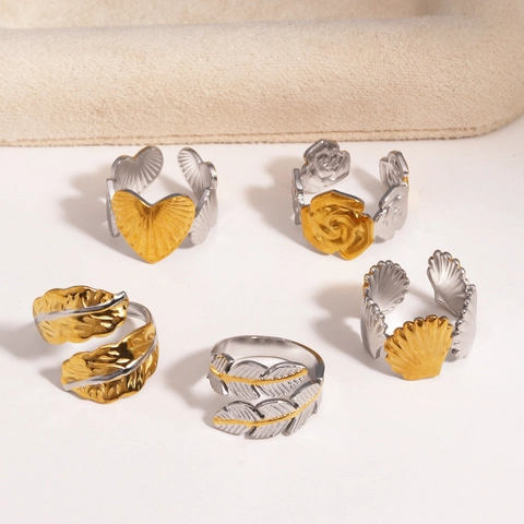 Zweifarbiger Edelstahl Ring Offen Verstellbar Blatt Blume Herz Schleife Muschel Design Modeschmuck Damen