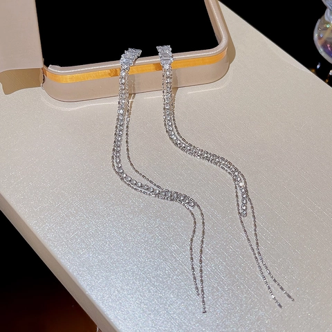 Pendientes Largos de Borla de Cobre Elegantes Con Incrustación de Circonia Brillante Poste de Plata Joyería de Moda Exagerada para Mujer
