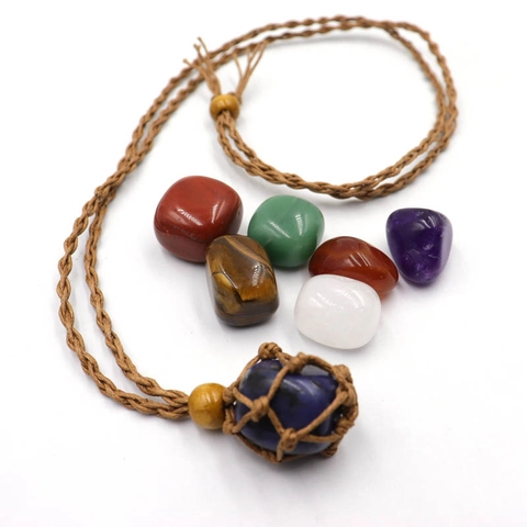 Natural Crystal Stone Necklace With Handmade Woven Net Pouch Holder Adjustable Braided Rope Healing Energy Gemstone Jewelry