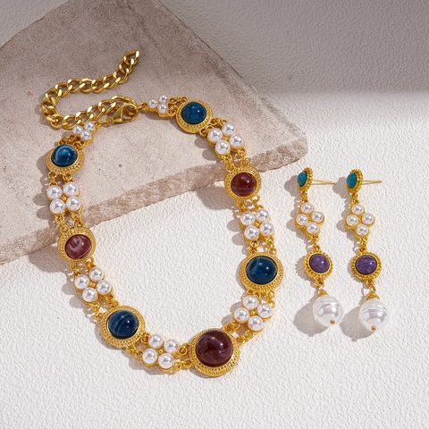 Gioielli Da Palazzo Vintage Collana E Orecchini Lega Resina Colorata Perla Artificiale Con Perno In Argento