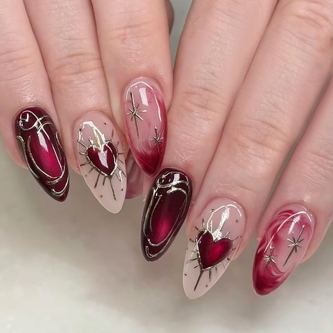 3D Cat Eye Press On Nagels Metalen Lijnen Hart Ster Amandelvorm Afneembare Kunstnagels Voor Vrouwen