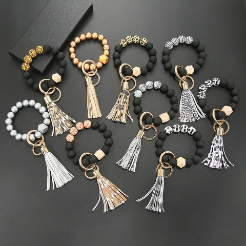 Llavero De Pulsera Con Cuentas De Silicona Cuenta De Madera Borla Cuero PU Brazalete Elástico Anillo Estampado Leopardo