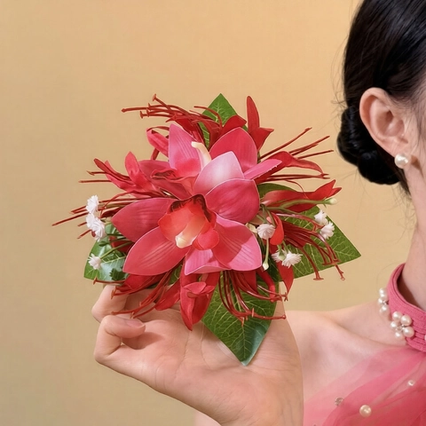 Large Orchid Flower Hair Clip Fabric Gradient Duckbill Pin Elegant Handmade Headwear For Women Wedding Party