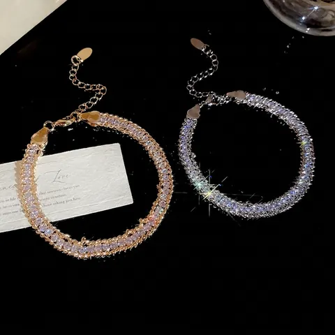 Bracelet En Cuivre À Double Rangée De Zircones Cubiques Chaîne Enroulée Pour Femme Élégant Réglable Luxe