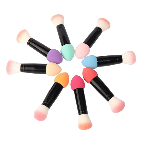 Dual Ended Makeup Brush With Synthetic Fiber Bristles And Non Latex Sponge For Powder Blush Foundation Portable Beauty Tool