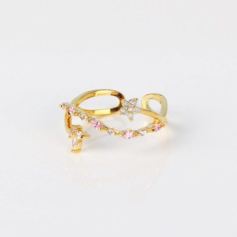 Bloem Rank Verstelbare Open Ring Verguld Koper Roze Witte Steentjes Elegante Sieraden Cadeau Voor Vrouwen
