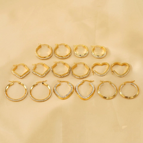 Orecchini A Cerchio In Acciaio Inossidabile Placcato Oro 18K Zirconi Motivo Greco Cuore Gioielli Per Donna
