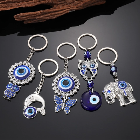 Evil Eye Nazar Schlüsselanhänger Legierung Strass Glas Eule Delfin Elefant Schmetterling Taschenanhänger Vintage Schutz Geschenk