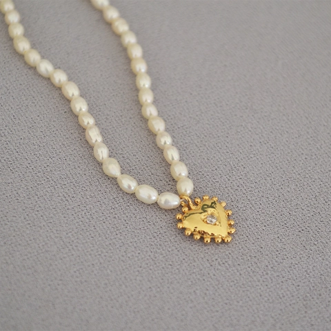 Collana Vintage di Perle d'Acqua Dolce Con Ciondolo a Forma di Cuore e Foglia in Ottone Placcato Oro Gioielli da Donna