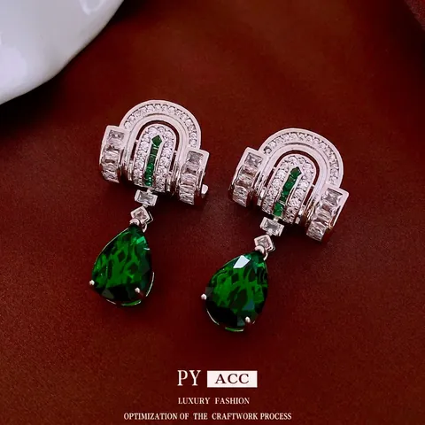 Orecchini Pendenti A Goccia Di Zircone Verde Rame Arco Geometrico Con Perno In Argento Per Donna Art Deco