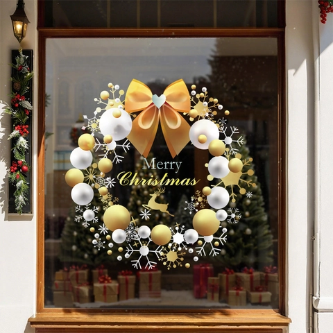 Christmas Wreath Window Stickers Gold PVC Static Cling Reindeer Snowflake Decal For Glass Door Showcase Holiday Decor
