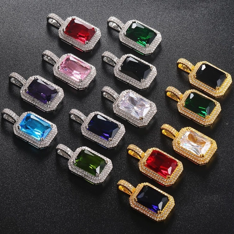 Emerald Cut Zircon Pendant Necklace Copper Micro Pave Iced Out Hip Hop Jewelry For Men Women With Rope Chain
