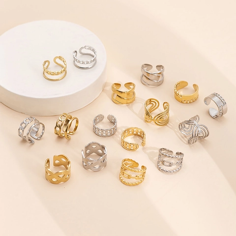 Bague Ouverte Ajustable En Acier Inoxydable Chaîne Évidée Vintage Design Minimaliste Multi Couches Bijoux Femmes