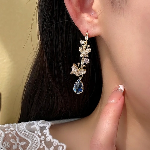 Orecchini Pendenti Farfalla Goccia D'acqua Con Perno In Argento Sterling 925 Zircone Blu Placcato Oro Elegante Per Donna